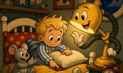 Een klein jongetje (4–5 jaar) met warrig blond haar, blauw-wit gestreepte pyjama, slaperig maar glimlachend, zit op zijn bed en drukt zacht op een klein rond rood knopje onder zijn kussen; een antropomorfe metalen nachtlamp met vriendelijk gezicht, ronde ogen en warmgeel lichaam met buigzame armen verlicht de scène en buigt bemoedigend naar hem toe; een lichtgrijze knuffelmuis met genaaide ogen ligt naast hem op de deken, vrolijk met opgeheven pootje; kleine gezellige slaapkamer met wit geschilderd houten bed, mosterdkleurig dekentje, kleurige kussens, plank met prentenboeken en een rond raam met sterrenhemel en glimlachende maan; tedere, grappige bedtijdscène waarin de jongen het verborgen knopje onder het kussen vindt en indrukt terwijl de kamer baadt in warm, geruststellend licht.