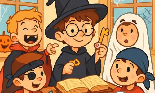 Er zijn 4 kinderen: - Timo: een 8-jarig jongen met rommelig bruin haar en een ronde bril. Hij draagt een tovenaarspak met een grote zwarte cape en een puntige hoed. Hij staat in het midden met een gebroken sleutel in zijn hand. - Sam: een 7-jarig jongen met blond haar en een grote glimlach. Hij is verkleed als vampier met een rode cape en scherpe tanden. Hij staat iets naar links en lacht terwijl hij naar het spookje wijst. - Bram: een 8-jarig jongen met kastanjebruin haar en sproeten. Hij draagt een spookkostuum met een wit laken. Hij staat rechts, iets naar achteren, met een verbaasde uitdrukking op zijn gezicht. - Joep: een 7-jarig jongen met zwart haar en een achterstevoren pet. Hij is verkleed als piraat met een bandana en een plastic zwaard. Hij zit voor Timo en kijkt nieuwsgierig naar het spookje. De locatie is een klaslokaal versierd voor Halloween, met oranje en paarse slingers aan de muren. Glimlachende pompoenen staan op de vensters, en nep spinnenwebben versieren de hoeken van de ruimte. In het midden staat een groot houten bureau met een oud boek open, omringd door snoep en enge versieringen. De situatie toont de kinderen die lachen en zich verwonderen over een klein spookje dat vrolijk boven de tafel zweeft. Het spookje heeft een grote glimlach en sprankelende ogen, wat een magische en leuke sfeer creëert. De kinderen zingen en lachen, klaar om het mysterie van hun Halloween te ontdekken.