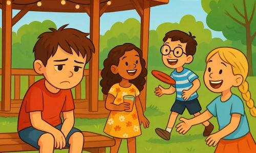 An 8-year-old boy named Jamie, with messy brown hair and sparkling eyes, sits on a wooden bench under a gazebo. His face shows a melancholic expression, with a slight frown and a pouty mouth, as he watches his friends play in the distance. Next to him, Mia, an 8-year-old girl with long curly hair, wearing a colorful floral dress, smiles joyfully while holding a glass of apple juice. She stands ready to invite him to join the game. Ben, an 8-year-old boy with round glasses and a striped t-shirt, is throwing a frisbee, laughing enthusiastically. Zoe, an 8-year-old girl with braided blonde hair, gestures to attract Jamie to the group, her face radiating happiness. The setting is a sunny park with lush trees, vibrant flowers, and a blue sky dotted with fluffy white clouds. The wooden gazebo, adorned with fairy lights, is the focal point of the scene. The main situation shows Jamie sitting on the bench, feeling a bit sad after falling, while his friends enjoy themselves nearby, creating an atmosphere of camaraderie and support, ready to comfort him and include him in the game again.