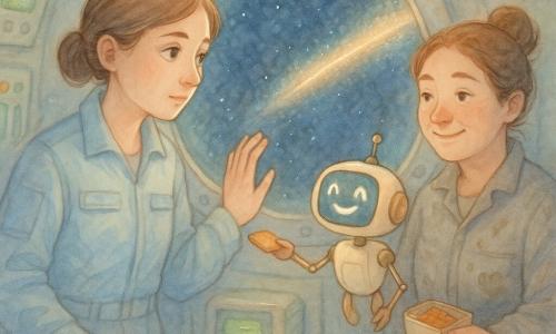 Una donna adulta, Lidia, calma e serena, occhi dolci e concentrati, capelli castani raccolti, in una tuta di volo azzurro chiaro con tasche e stemmi, appoggia una mano sull’oblò circolare in vetro e osserva una scia luminosa all’esterno; una donna adulta, Tamara, meccanica dal volto caldo e stanco, capelli bruni in chignon, in una tuta grigia da manutenzione con macchie d’olio, si trova leggermente a sinistra, sorride tenendo una piccola scatola di biscotti; un piccolo robot assistente, Moka, corpo metallic crema, due bracci sottili e volto pixellato espressivo, fluttua all’altezza del petto di Lidia a destra, porgendo un biscotto a Tamara con un ampio sorriso luminoso; la cabina della Zefira è compatta e ordinata, pannelli di controllo con pulsanti colorati, schermi verdolini, tessuti imbottiti e un grande oblò centrale, riflessi morbidi sul metallo e leggere goccioline di condensa sul vetro; situazione: dopo aver riparato la Cupola l’equipaggio lascia il dome e, al momento della partenza, una lama luminosa dorato-bluastra attraversa lo spazio esterno proiettando riflessi caldi sui volti e creando un’atmosfera di tranquillo stupore.