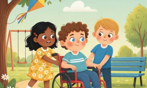 A determined 4-year-old boy, Leo, with a round face, sparkling blue eyes and curly brown hair, sits in a bright red wheelchair trying to climb a small dirt bump; 4-year-old Mia, wavy black hair in a yellow floral dress, stands to his left gently pushing the back, while about 5-year-old Max, short blond hair and a blue T-shirt, holds the front and pushes with focused energy. The sunny park features green grass dotted with daisies, a blue-painted wooden bench, swings in the background, a visible dirt path bump, a colorful kite caught in a nearby branch and soft white clouds in a pastel sky. The composition emphasizes collective effort—hands pushing, wheels surmounting the bump, warm expressions and forward movement—rendered in gouache with thick textures, vivid colors, soft outlines and an optimistic, caring mood.