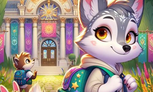 Luna, a little wolf with sparkling amber eyes full of curiosity, stands in front of the majestic doors of the Great Forest Academy. Her soft, silky fur is complemented by a colorful star-adorned backpack, and a shy smile lights up her face as she gazes in wonder at the school, ready for her first day. Beside her, Benny, a young rabbit with large ears and white fur, jumps with excitement, his eyes shining as he points to the bright colors of the banners hanging on the academy walls. Behind them, Hazel, a small hedgehog with soft quills and a timid look, adjusts her own backpack, smiling shyly, a bit nervous but happy to be with her new friends. The enchanting setting features large trees with sturdy trunks surrounding the academy entrance, colorful flowers lining the path, and sunlight filtering through the leaves, creating a magical and welcoming atmosphere. The main scene shows Luna and her friends standing in front of the school, ready to step into the Great Forest Academy, sharing smiles and laughter, filled with excitement and anticipation for the new adventure ahead.