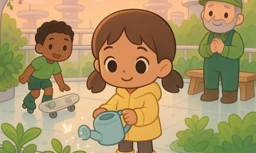 A smiling, gentle 10-year-old girl, Maya, with brown pigtails, bright round eyes, a small yellow jacket and yellow boots, waters tomato plants with a pale blue watering can; a playful 9-year-old boy, Tomas, with short black hair, green T-shirt and solar skates, sets down a transparent skateboard in the left background watching Maya; around them stands Mr. Nori, a ~60-year-old gardener with fair skin, short gray beard and green overalls, hands clasped by a futuristic wooden bench. The scene is on a hanging terrace garden atop a futuristic tower with soft glass floors, rounded white metal planters, lush green plants, purple flowering vines and glowing butterflies, and a stacked-city skyline with curved walkways and transparent pod-trains under a pink-orange twilight. The mood is warm, collaborative and peaceful with golden light and sparkling water droplets; visual style: kawaii-minimal, saturated pastels, rounded shapes, thin outlines, centered composition with a slight bird’s-eye perspective.