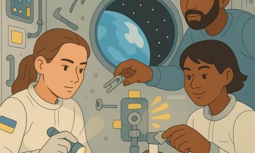 Mulher astronauta adulta de olhar determinado e sereno, cabelo preso, segurando uma lanterna pequena e um manual aberto, flutuando junto a uma válvula; homem adulto (comandante Iuri) de barba curta, expressão calma, flutua um pouco atrás e estende a mão para passar um grampo metálico à astronauta; mulher adulta (engenheira Mei) de cabelo preto curto e sorriso discreto aplica uma fita adesiva técnica na válvula à direita da astronauta; interior de módulo espacial compacto com paredes cinza claro, painéis eletrônicos coloridos, tubos e parafusos à mostra, etiquetas amarelas, velcro, ferramentas flutuantes e uma grande janela circular mostrando a Terra; situação de equipe identificando e vedando uma microfuga de ar perto de uma pequena válvula, detector ultrassônico exibindo barras luminosas, fita de vedação aplicada, sensação de flutuação e atenção metódica; paleta de cores em tons suaves e contrastantes (azul celeste, cinza claro, amarelo, laranja), sombras minimalistas, linhas nítidas e formas geométricas simples; ambiente técnico e reconfortante, composição centrada na cooperação, rostos iluminados pela tela do detector.