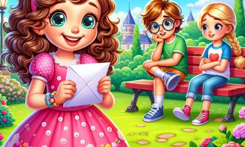 Uma menina de 12 anos, Sofia, com cabelos castanhos e cacheados, usa um vestido rosa com bolinhas brancas. Ela sorri radiante e tem olhos cheios de curiosidade enquanto segura um envelope cor-de-rosa nas mãos, inclinando-se levemente para frente, cheia de empolgação. Ao lado dela, seu amigo Lucas, um garoto de 12 anos com cabelos loiros e óculos redondos, observa o bilhete com um olhar intrigado, de braços cruzados, em pé sobre a grama verde. Outro amigo, Emma, uma menina de 11 anos com tranças e uma camiseta azul, está sentada em um banco de madeira, cercada por flores coloridas, desenhando corações em seu caderno. O parque é iluminado e acolhedor, com árvores majestosas de folhas verdes brilhantes, rosas em flor de cores vivas e um céu azul pontilhado de nuvens fofas. No centro, um antigo banco vermelho, decorado com padrões de flores, é onde as crianças se reúnem para começar sua caça ao tesouro. Sofia, cheia de entusiasmo, lê o misterioso bilhete em voz alta, enquanto seus amigos a escutam atentamente, ansiosos para descobrir os próximos passos de sua aventura.