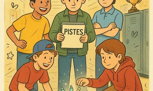 Cinco crianças num corredor do ginásio escolar: Rafa, 12 anos, cabelo castanho curto, veste casaco cáqui e segura um caderno aberto com "PISTES", em pé no centro olhando concentrado para uma caixa; Tomás, 11, ruivo encaracolado, de joelho, jeans e boné virado ao contrário, recolhe glitter perto da caixa; Davi, 12, cabelo preto curto, camiseta amarela, mastiga um chiclete verde e ri com a mão na anca; Miguel, 12, cabelo castanho médio, polo azul claro e braços cruzados, observa sério atrás de Rafa; Tiago, 11, castanho, hoodie vermelho, ajoelhado diante de um velho baú de troféus, abre uma caixa de sapatos de onde saem quatro canetas luminosas e um cartão em forma de raio; cenário com chão de azulejo bege, cartazes nas paredes, troféu empoeirado sobre um armário aberto, luz fluorescente fria e autocolantes de foguete e estrelas nos cacifos; atmosfera de descoberta com glitter prateado no ar, expressões de alívio e constrangimento, estilo colorido, traços suaves e pequenos doodles temáticos de investigação.