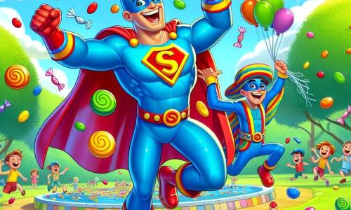 SuperKees, een superheld met een kleurrijk blauw en rood kostuum, heeft een stralende glimlach en ondeugende ogen. Hij staat in het midden van de afbeelding met open armen, omringd door vallende snoepwolken terwijl hij lachend snoepjes gooit. Bobbelman, een man in een kleurrijke outfit die van kleur verandert, springt vrolijk in de lucht naast hem met een blije uitdrukking. Hij draagt een boomerang-vormige pet die zijn speelse uitstraling versterkt. De setting is een zonnig park vol groene bomen, heldere bloemen en het gelach van spelende kinderen op de achtergrond. Kleurrijke ballonnen zweven in de lucht en er ligt een grote picknickdeken op het gras vol lekkernijen. De hoofdscene toont SuperKees en Bobbelman die hun overwinning op de Grappenmakende Groente Bandieten vieren, omringd door lachende kinderen terwijl snoepjes als confetti om hen heen vallen, wat een feestelijke en blije sfeer creëert.