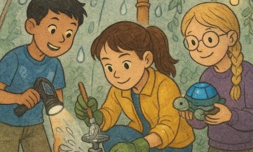 Three children inside the Rainwater Dome — a translucent glass bubble with curved walls, running water droplets, polished copper pipes, riveted metal platforms, climbing plants and hanging solar lamps — are helping a small robot free a shiny metal valve: Maya, about 11, brown hair in a ponytail, yellow jacket and green gardening gloves, crouches center holding a small brush cleaning the valve; Lin, about 10, short black hair, blue leaf-patterned T-shirt and khaki shorts, stands left shining a small solar torch on the valve; Sophie, about 11, blond hair in a braid, purple sweater and round glasses, stands right smiling while holding a small turtle robot with a blue LED shell; silver splashes of water, simple tools on a wooden crate, soft light through the glass, and focused joyful expressions create a clean, bright, gently active scene.