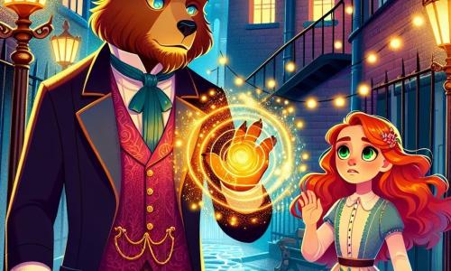 Thaddeus, a large brown bear dressed in an elegant velvet vest, stands dignified at the edge of a dark alley, his face filled with determination and wisdom. His eyes shine with a protective glow as he touches the shimmering Barrier pulsing with magical energy. Next to him, Elara, a young girl with fiery red hair and sparkling green eyes, expresses a mix of curiosity and concern. She wears a light dress with leaf patterns and stands slightly back, her hands reaching towards the Barrier, ready to assist Thaddeus. The scene takes place in a narrow alley of a Victorian city, where wrought-iron streetlamps cast a soft light on the damp cobblestones. Ancient brick buildings adorned with iron balconies rise on either side, creating a mysterious and magical atmosphere. The main situation shows Thaddeus and Elara united in a moment of tension as they conjure protective magic together to strengthen the Barrier, which glows with golden light, repelling a threatening shadow attempting to infiltrate their world.