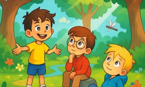 There are three characters: Oliver, an 11-year-old boy with messy brown hair and sparkling star-like eyes, wearing a bright yellow t-shirt and blue shorts. He stands with arms outstretched, smiling widely and full of energy. Leo, also 11, has brown hair and round glasses that give him an intelligent look. He wears a red checkered shirt and beige pants, sitting on a rock, gazing at the sky in thought. Max, the third boy, has blond hair and dreamy eyes, dressed in a blue hoodie and jeans. He lies on the grass, watching a dragonfly fly overhead, a look of wonder on his face. The scene takes place in an enchanted clearing surrounded by tall, gnarled trees with vibrant green leaves. Colorful flowers dot the ground, and a gentle ray of sunlight filters through the branches, creating light patterns on the grass. A nearby stream adds a magical touch to the peaceful atmosphere. The main situation shows the three friends discussing the meaning of happiness, with Oliver enthusiastically asking a question, Leo pondering deeply, and Max marveling at nature. The overall vibe conveys friendship and discovery, as each child explores their thoughts and emotions under the blue sky.