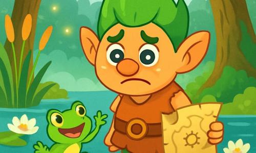 Un troll cu părul verde strălucitor și ochi rotunzi și strălucitori ca stelele stă lângă o băltoacă, având un aer îngrijorat și curios. Zâmbește larg, dar sprâncenele îi sunt încruntate, arătându-și îngrijorarea pentru sănătatea casei sale. Lângă el, o brotacică verde cu pete galbene sare vesel, încercând să-l consoleze. Decorul este o mlaștină magnifică, plină de nuferi albi și roz, stuf aurit și copaci bătrâni cu trunchiuri groase acoperite de mușchi. O ceață fină plutește deasupra apei, iar licuricii strălucesc în lumina dimineții. În această scenă, trollul se pregătește să plece în căutarea Inelului de Lumină, cu o mapă veche în mână, hotărât să salveze mlaștina sa.