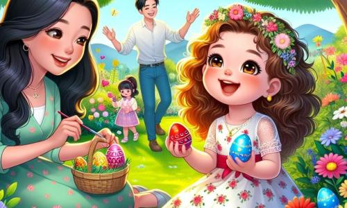 Una niña de 2 años, con grandes ojos brillantes y cabello rizado castaño, está sentada en un jardín soleado, rodeada de flores coloridas. Sonríe con asombro, sosteniendo un huevo de Pascua rojo decorado en sus pequeñas manos. A su lado, su mamá, una mujer de unos treinta años con cabello largo y liso, vestida con un vestido ligero de flores, la anima con una sonrisa cálida mientras pinta un huevo azul. Un poco más lejos, su papá, un hombre de unos treinta años con barba corta y gafas, aplaude alegremente sosteniendo un huevo amarillo que acaba de encontrar. El jardín está lleno de vegetación vibrante, con árboles majestuosos y flores de colores vivos, creando una atmósfera alegre y festiva. La escena principal muestra a la niña y su familia buscando huevos de Pascua escondidos en el jardín, llenos de risas y alegría mientras descubren juntos los tesoros coloridos.