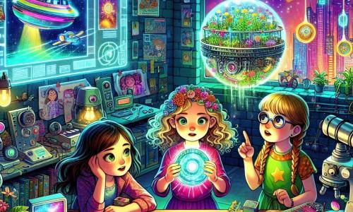 Al centro dell'immagine, Mia, una ragazza di 10 anni con capelli ricci e un vestito colorato, tiene un disco scintillante tra le mani, gli occhi spalancati per la meraviglia. A sinistra, Luna, una ragazza di 9 anni con un sorriso radioso e lunghi capelli intrecciati, indica un ologramma luminoso che fluttua sopra di loro, affascinata dalle immagini di una città futuristica. A destra, Stella, una ragazza di 10 anni con occhiali e una leggera zoppia, esamina attentamente un vecchio libro aperto su un tavolo, circondata da gadget tecnologici. Il loro laboratorio segreto è un luogo magico, pieno di macchine brillanti, poster di esploratori e piante verdi in vasi di vetro. I muri sono decorati con disegni colorati di città futuristiche, e un grande schermo mostra immagini di giardini fluttuanti e pannelli solari scintillanti. La scena principale mostra le tre amiche mentre scoprono il misterioso disco, simbolo di un'avventura imminente per trasformare la loro città in un luogo più verde e armonioso. L'atmosfera è carica di eccitazione e curiosità, con lampi di luce e colori vivaci che evocano un futuro promettente.