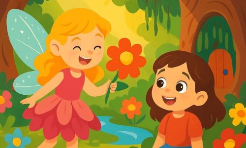 Eine kleine Elfe namens Mira mit glitzernden Flügeln und goldenen Haaren lächelt fröhlich, während sie eine bunte Blume hält. Sie trägt ein Kleid aus Blütenblättern, und ihre Augen strahlen vor Aufregung. An ihrer Seite sitzt das siebenjährige Mädchen Lina mit braunen Haaren und funkelnden Augen, das den magischen Garten bewundernd betrachtet. Sie sitzt auf einem Teppich aus grünem Moos, umgeben von bunten Blumen. Der Ort ist ein bezaubernder Garten, gefüllt mit leuchtenden Blumen, großen Bäumen mit knorrigen Stämmen und einem sanften plätschernden Bach. Im Hintergrund hat ein kleiner Baum farbige Türen, die hinter einem Vorhang aus Lianen verborgen sind. Die Hauptsituation zeigt Mira und Lina, die den geheimen Garten entdecken, begeistert von der Schönheit des Ortes, während ein sanfter Sonnenstrahl ihre Gesichter erhellt und eine magische, fröhliche Atmosphäre schafft.