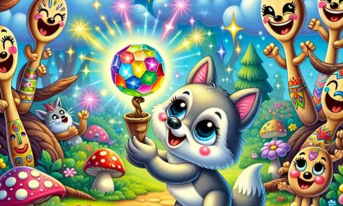 Ein kleiner, glänzender Metallwolf mit einem lächelnden Gesicht und funkelnden Augen steht im Mittelpunkt des Bildes und hält einen strahlenden, bunten "Zauberstein" in seinen Pfoten, während er vor Freude lacht. Neben ihm nähert sich eine Gruppe von Holzlöffeln mit fröhlichen und lustigen Gesichtern, die bunte Muster haben, lachend und den Wolf bewundernd. Die Szenerie ist ein verzauberter Garten, gefüllt mit bunten Blumen, lustigen Pilzen und Bäumen mit verdrehten Stämmen, unter einem strahlend blauen Himmel mit flauschigen Wolken. Im Hintergrund funkelt ein Regenbogen und verleiht der Szene einen magischen Touch. Die Hauptsituation zeigt den kleinen Wolf, der den "Zauberstein" unter der Sonne zum Glänzen bringt, wodurch Lichtstrahlen um ihn herum tanzen, während die Löffel lachen und applaudieren und eine fröhliche, magische Atmosphäre schaffen.