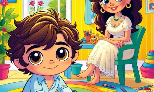 Um menino de 6 anos, Miguel, com cabelo castanho bagunçado e grandes olhos curiosos, está sentado em um tapete colorido, segurando um lápis na mão. Seu rosto expressa uma leve tristeza, mas também esperança, enquanto ele desenha sua família em uma folha de papel. Ao lado dele, sua mãe, uma mulher de cerca de trinta anos com cabelos longos e ondulados, sorri suavemente enquanto o observa. Ela usa um vestido leve e colorido, sentada em uma poltrona pequena, cercada por plantas verdes que trazem vida ao ambiente. A casa deles é cheia de cores vibrantes, com paredes amarelas e janelas que deixam entrar a luz do sol. Brinquedos estão espalhados pelo chão, e um jardim florido é visível pela janela, adicionando uma atmosfera alegre à ilustração. A cena principal mostra Miguel desenhando sua família, expressando suas emoções através da arte, enquanto sua mãe o encoraja com um olhar carinhoso, criando um momento terno e reconfortante entre eles.