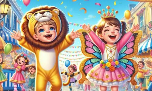 In una scena gioiosa di carnevale, ci sono due personaggi principali: Leo, un ragazzo di 7 anni, indossa un costume da leone con una criniera dorata e un grande sorriso, danzando con entusiasmo al centro dell'immagine. Mia, una ragazza di 6 anni, è travestita da bellissima farfalla, con ali colorate nei toni del rosa e del blu, si trova a destra di Leo, ridendo e sollevando le braccia in alto. L'ambiente è una strada animata, decorata con festoni dai colori vivaci, coriandoli fluttuanti e palloni che volano nel cielo blu. La situazione principale mostra Leo e Mia danzare gioiosamente insieme, circondati da risate e colori vivaci, celebrando l'amicizia e la magia del carnevale.