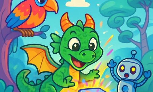 Un piccolo drago di nome Zippy, con squame verdi scintillanti e occhi pieni di curiosità, si trova al centro dell'immagine, con le ali spiegate e un grande sorriso sul volto. Guarda con meraviglia una scatola d'argento brillante, illuminata da mille colori, che fluttua davanti a lui. Alla sua destra, un piccolo robot amichevole, con un corpo in metallo argentato e occhi a forma di bottoni luminosi, sembra altrettanto sorpreso e felice, con le braccia alzate in segno di eccitazione. A sinistra, una creatura volante simile a un uccello gigante, con piume multicolori e un becco dorato, osserva la scena con uno sguardo curioso, posata su un ramo di un albero viola. Lo sfondo è un paesaggio futuristico, con alberi dai tronchi a spirale e foglie luminescenti che si ergono verso un cielo blu brillante, punteggiato di nuvole soffici. Macchine volanti scivolano dolcemente tra i rami, aggiungendo un tocco di magia all'ambiente. Zippy, meravigliato, è sul punto di aprire la scatola misteriosa, mentre il robot e l'uccello gigante lo incoraggiano con espressioni di eccitazione e attesa, creando un'atmosfera di scoperta e avventura.
