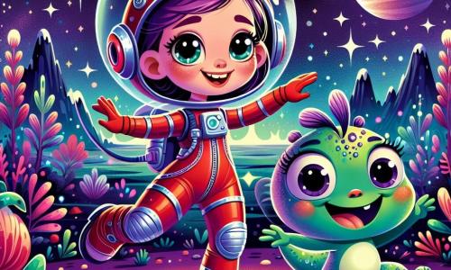 Lila, eine junge Astronautin, steht im Mittelpunkt des Bildes, strahlend vor Freude mit einem breiten Lächeln. Sie trägt einen eleganten, bunten roten Raumanzug mit silbernen Details und einem durchsichtigen Helm, der ihre neugierigen, funkelnden Augen zeigt. Sie tanzt auf der Oberfläche eines neuen Planeten, die Arme zum sternenübersäten Himmel erhoben. Neben ihr springt ein kleiner freundlicher Monster mit großen runden Augen und einem dicken Bauch vor Freude. Es hat grüne Haut mit lila Flecken und ein warmes Lächeln. Dieses Monster, das etwa 5 Jahre alt in menschlichen Jahren zu sein scheint, steht ein paar Schritte von Lila entfernt, bereit, mit ihr zu spielen. Die Kulisse ist eine atemberaubende, fremde Landschaft mit bunten Pflanzen, die im Sternenlicht leuchten. Glitzernde Berge erheben sich am Horizont, und der Himmel ist voller funkelnder Sterne und ferner Planeten, was eine magische und märchenhafte Atmosphäre schafft. Die Hauptsituation zeigt Lila und das Monster, die zusammen spielen, lachen und Spaß haben in dieser neuen Welt, was Freundschaft und Abenteuer im Weltraum illustriert.