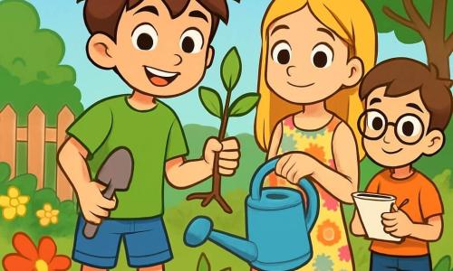 Um garoto de 12 anos, Lucas, com cabelos castanhos bagunçados e olhos brilhantes de curiosidade, está em seu jardim. Ele usa uma camiseta verde vibrante e um short de jeans, com um sorriso determinado no rosto. Ele segura uma pequena pá em uma mão e uma muda de árvore na outra, pronto para plantá-la no solo. Ao lado dele, sua melhor amiga Ana, uma menina de 12 anos com cabelos longos e loiros, observa admirada. Ela veste um vestido florido e segura um regador, pronta para ajudar Lucas a regar a nova árvore. Um pouco mais longe, Pedro, um garoto de 12 anos com óculos redondos e cabelos castanhos, faz anotações em um caderno, animado para documentar o projeto deles. O jardim está cheio de flores vibrantes e vegetação luxuriante, com um céu azul claro salpicado de algumas nuvens brancas. Ao fundo, vê-se uma cerca de madeira e árvores majestosas que cercam o jardim. A cena principal mostra Lucas, Ana e Pedro unidos em sua missão de plantar uma árvore para combater as mudanças climáticas, simbolizando seu compromisso com um futuro melhor.