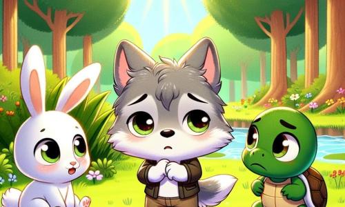 Un pequeño lobo llamado Lucas, con un pelaje gris suave y ojos brillantes de curiosidad, se encuentra en el centro de la imagen, luciendo inquieto y pensativo, con las orejas ligeramente caídas. A su derecha, un pequeño conejo llamado Pepe, con pelaje blanco y grandes orejas, mira a Lucas con una expresión de sorpresa, levantando las patas delanteras como si estuviera a punto de hablar. A la izquierda, una tortuga llamada Tita, con un caparazón verde y ojos redondos, muestra una expresión de tristeza, sentada en la hierba, con las patas recogidas, escuchando atentamente a Lucas. El escenario es un claro soleado, rodeado de majestuosos árboles de hojas verdes brillantes, con flores coloridas que crecen aquí y allá, creando una atmósfera pacífica y acogedora. Al fondo, un arroyo brilla bajo los rayos del sol. La situación principal muestra a Lucas, visiblemente culpable, confesando a sus amigos que ha mentido sobre frutas peligrosas, mientras Pepe y Tita lo escuchan atentamente, ilustrando el momento de toma de conciencia y aprendizaje sobre la importancia de la honestidad.