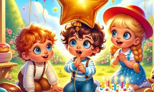 Un băiețel de 4 ani, Dănuț, cu părul brun și buclat, ține un balon auriu în formă de stea. Este în genunchi sub o masă, înconjurat de gogoși colorate și baloane strălucitoare, privind cu uimire balonul. Maria, o fetiță de 4 ani cu părul blond împletit, stă lângă el, arătând spre balon. Matei, un băiețel de 4 ani cu o căciulă roșie, se uită interesat. Petrecerea are loc într-o grădină plină de flori, cu un cer senin și soare strălucitor. Dănuț a descoperit un balon misterios și toți copiii sunt curioși să afle de unde a venit.