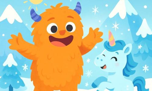 Ein großer, pelziger Monster namens Momo, mit runden, glänzenden Augen, steht fröhlich im Schnee, ein breites Lächeln auf seinem sanften, freundlichen Gesicht. Seine langen Arme sind geöffnet, als wollte er die Welt umarmen. Neben ihm springt Lumi, ein kleines, funkelndes Einhorn mit hellblauem Fell und einer schillernden Horn, vor Freude, seine Augen strahlen vor Glück. Die Szene zeigt eine magische Winterlandschaft mit schneebedeckten Bergen, die unter der Sonne funkeln, tanzenden Schneeflocken in der Luft und frostbedeckten Bäumen, die eine märchenhafte Note hinzufügen. Im Hintergrund beginnen Sterne in einem pastellblauen Himmel zu leuchten. Momo und Lumi feiern die Rückkehr von Lumin's magischer Kraft, umgeben von sanft fallenden Schneeflocken, die eine fröhliche und freundliche Atmosphäre schaffen.