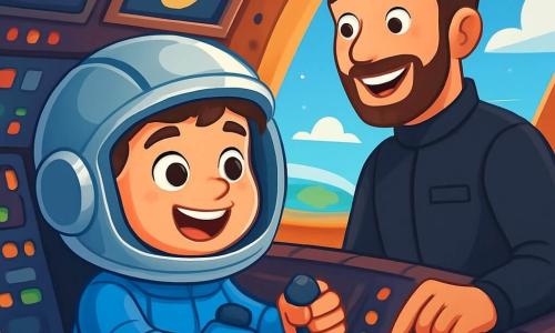 A young boy, Oliver, about 8 years old, is wearing a shiny blue astronaut suit and a silver helmet. His face is lit up with a big excited smile, his eyes sparkling with joy. He is sitting in the cockpit of a rocket, hands on the controls, ready for takeoff. Next to him is a man, his instructor, around 30 years old, with brown hair and a well-groomed beard, proudly smiling while checking the flight instruments. He is also wearing an astronaut suit, but in black, standing slightly back, encouraging Oliver. The inside of the rocket is filled with blinking lights and digital screens, creating a futuristic atmosphere. Through the windows, a deep blue sky dotted with white clouds can be seen, while Earth appears in the distance like a beautiful colored ball. The main scene shows Oliver and his instructor preparing for launch into space, with a countdown displayed on a screen. The excitement is palpable as the rocket's engines begin to vibrate, ready to propel them towards the stars.