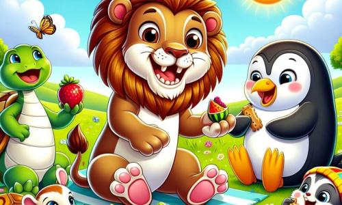 Leo il leone, con una criniera dorata e un grande sorriso, è seduto sull'erba verde, circondato dai suoi amici, mentre gustano un picnic gioioso. Tina la tartaruga, con il suo guscio colorato e gli occhi scintillanti, condivide entusiasta della frutta fresca, proprio accanto a Leo. Pipo il pinguino, con il suo piumaggio bianco e nero e un'aria birichina, balla felicemente, pronto a tuffarsi in un piccolo mucchio di pesci, con un sorriso sul volto. Gigi il ghiro, con il suo pelo marrone e le grandi orecchie, è sdraiato sull'erba, ridendo a crepapelle dopo aver fatto cadere dei biscotti. Il luogo è un campo soleggiato, punteggiato di fiori colorati e alberi verdi, con un cielo blu chiaro e alcune nuvole soffici. La situazione principale mostra gli amici che si divertono insieme, condividendo risate e cibi deliziosi, creando un'atmosfera di gioia e amicizia.