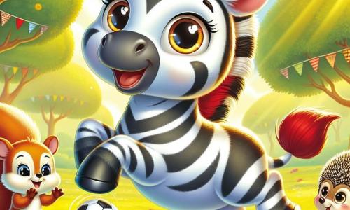 Na środku obrazu skacze radosny mały zebra z błyszczącymi czarno-białymi paskami, z dużymi oczami pełnymi szczęścia. Ma na sobie mały czerwony szalik i szeroko się uśmiecha, podnosząc jedną łapę, jakby zachęcał przyjaciół do zabawy. Po lewej stronie mała wiewiórka o rudym futrze z puszystym ogonem entuzjastycznie klaska, jej oczy błyszczą z ekscytacji. Ma na sobie mały kapelusz słomkowy i wydaje się gotowa do zabawy, stojąc na tylnych łapach. Po prawej stronie młody jeż z dobrze ułożonymi kolcami, z determinacją na twarzy, trzyma piłkę nożną pod jedną łapą. Jego oczy są pełne determinacji, a on patrzy na zebrę z podziwem, gotowy do dołączenia do gry. Tło to piękna, słoneczna polana otoczona zielonymi drzewami z błyszczącymi liśćmi, z kolorowymi kwiatami tańczącymi na wietrze. Ziemia pokryta jest miękką, zieloną trawą, w której są małe kamyczki. Główna sytuacja pokazuje zebrę i jego przyjaciół, którzy przygotowują się do wspólnej zabawy, każdy gotowy na swoją kolej, symbolizując równość i inkluzję w grze, z promiennymi uśmiechami i radosną atmosferą koleżeństwa.