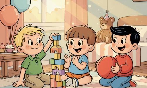 Three boys around six years old build a tall, slightly wobbly tower of colorful blocks on a soft pastel diamond rug in a bright, cozy living room: a brown-haired boy with a bowl cut, round cheeks, sky-blue t-shirt and orange shorts sits center applauding the tower; a blond boy with crew cut and freckles in a green polo and beige pants stands left adding a block with a focused face; a black-haired boy with a wide smile in a red sweatshirt stands right holding a large red ball he just rolled toward a teddy bear wearing a small party hat on the bed behind them. Sunlight streams through a window onto a striped throw and lined plush toys; blurred cupcakes and balloons suggest a birthday party. Retro cartoon style, smooth lines, saturated warm colors and soft textures.