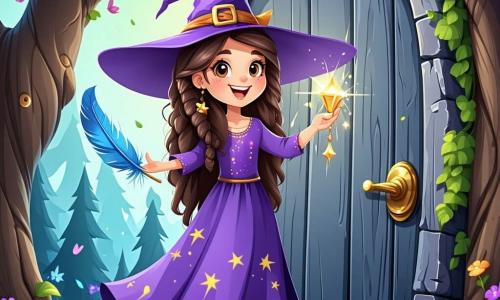Una joven aprendiz de bruja, llamada Sofía, con largos cabellos rizados y un vestido violeta adornado con estrellas doradas, se encuentra en el centro de la imagen, con los ojos brillantes de emoción y una gran sonrisa en el rostro. Sostiene un amuleto en forma de pluma azul que brilla en su mano, lista para volar. A su lado, una puerta de madera gris con una cara expresiva, cejas fruncidas y una boca de puchero, se queja de manera cómica, chirriando en sus bisagras. Al fondo, un bosque encantado, con árboles gigantes de troncos retorcidos, flores coloridas que bailan al viento y puertas de todos los tamaños, algunas abiertas y otras cerradas, creando una atmósfera mágica y lúdica. La escena muestra a Sofía negociando con la puerta, prometiendo no traer barro, mientras los rayos de sol filtran a través del follaje, iluminando toda la escena con una luz cálida y alegre.