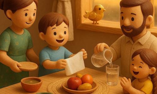 A 4-year-old boy with short brown hair and rosy cheeks smiles in wonder as he hands a paper towel toward a light wooden table; a ~6-year-old girl with braided hair in a yellow dress laughs and claps near a fruit tray; a ~30-year-old mother with her hair in a bun wearing a green patterned dress stands to the left placing a plate and looking kindly at the boy; a ~35-year-old father with light beard in a beige shirt sits to the right pouring water into a glass; a tiny golden bird with sugar-spun shimmering feathers perches on the windowsill casting a few golden sparkles; the warm sunset kitchen features a light wooden table, woven placemat, colorful soup bowls, flatbread, shiny dates, a light curtain and an orange sky outside, showing the family gathered for a Ramadan meal, sharing smiles as the boy helps hand the towel while the magical bird illuminates the scene, in a toy wooden diorama style with warm colors, wood textures, soft late-day lighting and simple playful shapes suited for a 4-year-old.