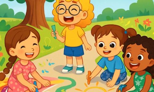 There are four children: Lila, an 8-year-old girl with a long brown braid, sparkling eyes, and a bright smile, wearing a pink polka dot dress and sitting on a checkered blanket, drawing with colored chalks. Zoe, also 8, has curly blonde hair and round glasses, wearing a yellow t-shirt and denim shorts. She is standing, laughing, and holding a green chalk, ready to draw. Mia, an 8-year-old with brown hair in two pigtails, wears a blue blouse and patterned leggings. She is crouching, drawing a large sun with orange chalk. Amara, an 8-year-old with curly black hair, is wearing a green floral dress and sparkly sneakers. She is sitting next to Lila, holding a blue chalk, and looking at the drawing with a big smile. The scene takes place in a sunny park filled with greenery, featuring a majestic oak tree at the center and colorful flowers lining the path. The sky is bright blue with a few fluffy white clouds. The main situation shows the four friends creating a large chalk drawing of a snake on the ground, laughing and sharing colors, with joy and friendship lighting up their faces.