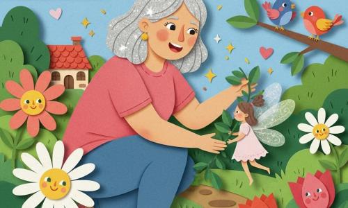 A smiling woman in her 30s with shiny silver hair, a soft round face and laughing eyes crouches kindly to gently free a tiny palm-sized fairy with translucent sparkling wings and a pale pink dress tangled in a green vine; the woman shows warm benevolence—broad smile, relaxed shoulders, gentle gestures—while the relieved fairy looks light and grateful; oversized colorful flowers with cheerful stylized faces, small birds perched on a right-hand branch, and a paper-textured enchanted garden with green paper grass, brown paper paths, a small stone house with a red roof in the background, and a light blue sky with round drawn clouds watch the scene as golden sparkles and tiny hearts float to show magic and joy.