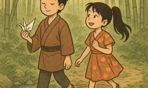 Ein junger Mann, Tomo, geht langsam auf einem Bergpfad und hält vorsichtig einen weißen Papierkranich in seiner Hand. Er hat ein gelassenes Gesicht und zerzaustes schwarzes Haar, gekleidet in eine traditionelle japanische Tunika. Neben ihm geht ein etwa 10-jähriges Mädchen namens Aoi fröhlich. Sie hat langes schwarzes Haar, das zu einem Pferdeschwanz gebunden ist, und trägt ein buntes Kleid. Sie schaut Tomo bewundernd an. Die Szene spielt in einem Bambuswald, wo die grünen Stangen hoch in den Himmel ragen und ein Spiel von Schatten und Licht auf den Boden werfen. Der Hauptmoment zeigt Tomo und Aoi, wie sie eine kleine Holzbrücke über einen plätschernden Fluss überqueren, umgeben vom sanften Rascheln des Windes in den Blättern.