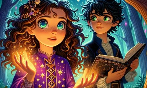 In the center of the image, Elara, a twelve-year-old girl, is depicted as an apprentice witch. She has long wavy brown hair, sparkling curious eyes, and wears a purple velvet witch's dress adorned with golden star patterns. Her face shows a mix of determination and excitement as she raises her hands, channeling a small flame in her palm, illuminating her face with a warm glow. Next to her, Jasper, a twelve-year-old boy with messy black hair and bright green eyes, looks at Elara with admiration. He wears a blue tunic and holds an open old grimoire, his eyes focused on the text with a look of concentration. In the background, the enchanting setting of the Moon Glade is visible, with majestic trees surrounding the area, their leaves shimmering under the full moonlight. Glimmering crystals emerge from the ground, casting colorful reflections on the children's faces, creating a magical atmosphere. The main scene shows Elara and Jasper performing a magic ritual, surrounded by the mystical aura of the glade, as they face a magical challenge together, determined to prove their worth as witches.