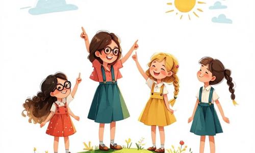 En el centro de la imagen, cuatro niñas de unos 10 años están felices en una colina verde. Lucía, con largos cabellos castaños y gafas redondas, sonríe señalando al cielo. A su derecha, Sofía, con cabello rubio y rizado, levanta los brazos con entusiasmo. A la izquierda, Ana, con cabello negro y una trenza, observa fascinada. Finalmente, Valentina, con cabello pelirrojo y corto, hace gestos divertidos como si imitara a un extraterrestre. Al fondo, un cielo azul brillante con nubes blancas y un platillo volador que desciende lentamente emitiendo luz verde y azul. La colina está rodeada de árboles coloridos y flores vibrantes, creando una atmósfera mágica. Las niñas, asombradas, descubren al extraterrestre Zog, un pequeño ser verde con grandes ojos brillantes, que sale de su nave espacial, listas para una increíble aventura juntos.