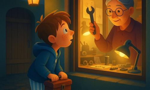 Un băiat pe nume Radu, față rotundă cu pistrui, păr șaten zburlit, curios, ține o cutie de scule ruginite și privește spre o fereastră luminată; poartă pijama în dungi sub un hanorac albastru, stă pe vârfuri în curte pietruită udă, în timp ce doamna Miruna, inventatoare de circa 50 de ani, părul gri prins într-un coc și ochelari rotunzi, zâmbește și îl invită cu o cheie franceză din atelierul ei luminat, unde se văd mese pline de piese metalice, arcuri, becuri aprinse și schițe; noaptea are un cer indigo cu stele, un felinar galben difuz și o ușă veche care scârțâie, iar atmosfera e calmă și misterioasă, cu contraste între umbra rece a străzii și halo-ul cald al atelierului; culori: albastru intens, galben cald, accente de rugină și verde mușchi, texturi clare și forme simple pentru copii.