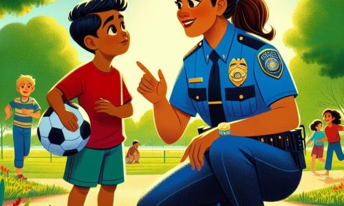 O polițistă zâmbitoare, Ana, este o femeie de aproximativ treizeci de ani, îmbrăcată într-un uniformă albastră strălucitoare cu un insignă lucioasă. Are părul castaniu prins într-o coadă de cal și ochi strălucitori de bunătate. Ana este așezată în genunchi, întinzând mâna către un băiețel, având un aer hotărât și prietenos. Băiețelul, de 7 ani, are părul blond în dezordine și poartă un tricou roșu cu o pereche de pantaloni scurți albaștri. Se uită la Ana cu ochi plini de speranță, ținând un mingea de fotbal sub braț. Se află chiar lângă ea, arătând spre un copac mare în fundal. Locul este un parc însorit, plin de verdeață, cu flori colorate și copii care se joacă în fundal. Râsetele și strigătele de bucurie răsună în aer, iar un drum de pietriș se șerpuiește prin parc. Situația principală arată cum Ana și băiețelul caută o minge de fotbal pierdută în spatele unui copac mare, simbolizând ajutorul reciproc și solidaritatea.