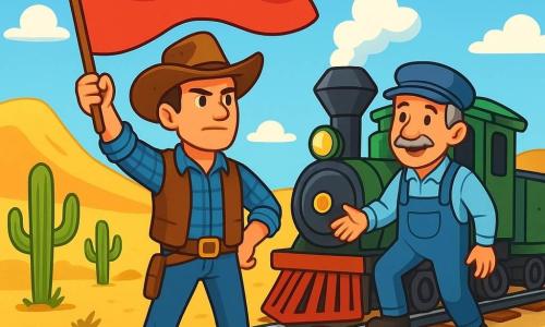 Ein Cowboy, ein etwa dreißigjähriger Mann, steht stolz und entschlossen auf den Gleisen, während er eine große rote Fahne schwenkt, die im Wind weht. Er trägt einen abgewetzten Cowboyhut, ein blau kariertes Hemd und eine Lederweste, mit einem konzentrierten und mutigen Blick auf seinem Gesicht. Neben ihm steht der Lokführer, ein etwa fünfzigjähriger Mann mit einem grauen Schnurrbart und einem warmen Lächeln, der bereit ist zu helfen. Die Szenerie ist eine weite Wüstenebene mit goldenen Hügeln unter einem strahlend blauen Himmel, der mit einigen weißen Wolken gesprenkelt ist. Grüne, stachelige Kakteen stehen um die Gleise und verleihen der trockenen Landschaft Farbe. Die Szene zeigt, wie der Cowboy den Zug mit seiner roten Fahne anhält, während der Lokführer mit einem dankbaren Gesichtsausdruck näherkommt. Die Atmosphäre ist voller Abenteuer und Kameradschaft und fängt den Geist des Wilden Westens ein.