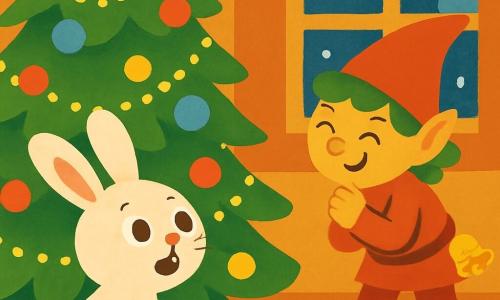 Un pequeño conejo de grandes orejas, con pelaje suave y blanco, ojos brillantes y curiosos, mira sorprendido un gran árbol de Navidad decorado con guirnaldas brillantes y bolas de colores. Se sostiene sobre sus patas traseras, con las orejas erguidas y una sonrisa alegre en su rostro. Junto a él, un duende travieso de cabello verde y piel ligeramente dorada, que lleva un sombrero puntiagudo y ropa roja, ríe mientras esconde una pequeña campana dorada detrás de su espalda. Tiene una mirada pícara y se mantiene ligeramente al margen, listo para hacer una nueva broma. El decorado es una habitación cálida, llena de luces suaves, con copos de nieve visibles a través de una ventana y galletas de Navidad bellamente dispuestas sobre una mesa de madera. La escena muestra al conejo buscando la valiosa campanita dorada, mientras el duende, divertido, se prepara para dar una nueva pista, creando una atmósfera de magia y misterio.