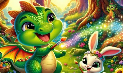 Ein kleiner Drache mit schimmernden grünen Schuppen, großen neugierigen Augen und einem fröhlichen Lächeln, erzeugt mit seinen kleinen Pfoten bunte Funken, die die Luft um ihn herum erleuchten. Neben ihm hält ein niedlicher Hase mit großen Ohren und weichem Fell, der aufgeregt aussieht, eine Palette mit bunten Blumen und ist bereit, ein Bild auf einem großen Blatt grüner Blätter zu malen. Die Szenerie ist eine sonnige Lichtung im Wald, umgeben von majestätischen Bäumen mit dicken Stämmen und dichtem Laub, während bunte Blumen im Wind tanzen. Im Hintergrund spiegelt ein glitzernder Bach die Sonnenstrahlen und verleiht der Szene einen Hauch von Magie. Die Hauptsituation zeigt den Drachen und den Hasen bei ihrer künstlerischen Schöpfung, umgeben von ihren tierischen Freunden, die beim Malen eines wunderschönen Bildes ihrer verzauberten Waldlandschaft lachen und Geschichten austauschen.