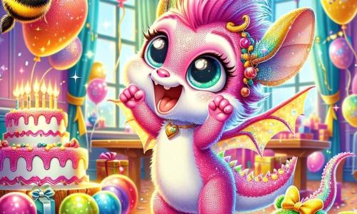 Fluffy, a small pink dragon with shiny scales and sparkling eyes, jumps for joy in her birthday-decorated room. Her delicate wings shimmer in the light, and a big smile lights up her face. Next to her, Sprout, a small green mouse with big ears and a bright yellow bow, raises her paws in the air, laughing enthusiastically. Bumble, a cheerful bee with golden and black stripes, flies around them, her translucent wings sparkling like diamonds in the sun. The room is filled with colorful balloons floating from the ceiling, twinkling garlands, and confetti scattered on the floor. A large birthday cake decorated with colorful candles sits on a wooden table. Excited, Fluffy discovers a shiny gift hidden under the balloons, while Sprout and Bumble encourage her with radiant smiles, creating a festive and magical atmosphere.