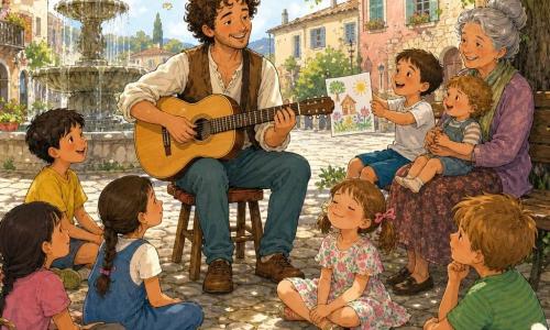 Un musicista dai capelli castani ricci, sorriso dolce e sguardo benevolo, seduto su uno sgabello di legno che suona una chitarra chiara, è al centro di un cerchio di bambini e adulti; il bambino di 7 anni, Giulio, capelli corti castani, porge un disegno al musicista seduto sulle ginocchia di una nonna, la bambina di 6 anni, Sofia, in vestito a fiori con le trecce, è seduta per terra con gli occhi chiusi come in un sogno, la nonna anziana con i capelli grigi raccolti in uno chignon sorride tenendo un bimbo in braccio su una panca sul retro; passerotti bruni e gialli saltellano sui ciottoli; la scena si svolge in una grande piazza del villaggio lastricata sotto un tiglio dalle foglie verde tenue, con una vecchia fontana di pietra e case con persiane pastello, luce calda di mezzogiorno, atmosfera primaverile e pacifica, dettagli minori: tovaglie da picnic piegate, petali che cadono e raggi di sole che filtrano tra le foglie.