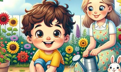 Un ragazzo di 8 anni, Leonardo, con capelli castani e ricci, un grande sorriso sul volto, è accovacciato in un giardino colorato mentre pianta semi di girasole. Indossa una maglietta gialla brillante e pantaloni corti blu, con le mani leggermente sporche di terra, che mostrano il suo entusiasmo. Accanto a lui, sua madre, una donna di circa 35 anni con capelli lunghi e biondi, indossa un vestito leggero a fiori e annaffia delicatamente le giovani piante con un annaffiatoio di metallo, sorridendo orgogliosa al figlio. In un angolo del giardino, un coniglio bianco di nome Nino, con grandi orecchie e occhi brillanti, osserva curiosamente la scena. Il giardino è incantevole, pieno di fiori colorati, tulipani rossi e gialli che danzano nel vento, e farfalle che volano intorno. Il cielo è blu brillante con nuvole bianche e il sole splende calorosamente in questa bella giornata di primavera. La scena principale mostra Leonardo, sua madre e Nino che lavorano insieme nel giardino, creando un'atmosfera gioiosa e collaborativa, dove la natura e l'amicizia fioriscono sotto il dolce sole primaverile.