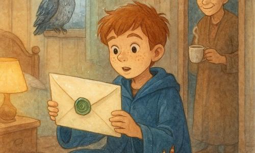 Elio, ragazzo mago di nove anni dal volto lentigginoso e sguardo curioso, seduto per terra con una camiciola troppo grande e tasche piene di matite apre una grande busta crema chiusa da un sigillo verde; la nonna Iris, circa settantenne con capelli grigi raccolti in uno chignon e sorriso accennato, lo osserva benevola nella porta con una tazza fumante; una civetta grigia bagnata, ali lucide di pioggia, è sul davanzale; la stanza stretta e calda ha carta da parati a righe sbiadite, un atlante aperto per terra, una finestra appannata con gocce e una panetteria sfocata fuori, una lampada gialla che proietta ombre rotonde; momento centrale: ricezione di una lettera magica, la busta crema sigillata da un nodo verde emette piccole scintille verdi sul bordo e una luce calda illumina la carta umida, atmosfera intima e carica d’attesa.