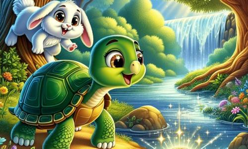 Una tortuga llamada Tula, con un caparazón verde brillante y ojos llenos de curiosidad, está al borde de un arroyo reluciente, mirando una piedra mágica que brilla con una luz dorada. Muestra una expresión de asombro y emoción. A su lado, un alegre conejito llamado Roco, con pelaje blanco y grandes orejas, salta de alegría, sus ojos desmesurados por el entusiasmo. Un poco más arriba en un árbol, una sabia lechuza llamada Lía, con plumas marrones y ojos redondos y sabios, observa la escena con atención, lista para dar consejos. El lugar es un hermoso bosque verde, lleno de árboles majestuosos con hojas brillantes y flores coloridas que bailan al viento, mientras el arroyo murmura suavemente. La situación principal muestra a Tula, Roco y Lía descubriendo la piedra mágica al borde del arroyo, lista para proponerles un desafío que podría llevarlos a una aventura inolvidable.
