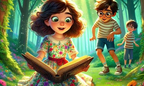 En un claro soleado del bosque, una niña de 11 años, Isabel, con cabello rizado y castaño, lleva un vestido colorido con flores. Su rostro refleja una curiosidad desbordante, con ojos brillantes de emoción mientras sostiene un viejo diario en sus manos, inclinándose hacia adelante como si hubiera descubierto un tesoro escondido. A su lado, su mejor amigo Tomás, también de 11 años, con cabello castaño y gafas redondas, observa el diario con una sonrisa maravillada. Lleva una camiseta a rayas y un pantalón corto, con las manos en las caderas, listo para escuchar las historias de Isabel. El lugar es un claro verde, rodeado de majestuosos árboles de hojas verdes brillantes, con flores coloridas esparcidas por el suelo. Un suave rayo de sol filtra a través de las ramas, creando una atmósfera mágica. Isabel y Tomás están cautivados por el contenido del diario misterioso, mientras un pequeño conejo curioso los observa desde un arbusto, añadiendo vida a esta escena de aventura y descubrimiento.