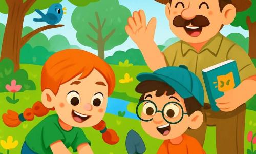 There are 3 characters:  
- Lily: an 8-year-old girl with long red hair in braids dancing in the wind. She wears a green t-shirt and denim shorts. She is planting a small seed in the ground, smiling and full of energy.  
- Sam: an 8-year-old boy with bright eyes and round glasses. He has messy brown hair and wears a blue cap. He holds a small shovel and looks at Lily with enthusiasm, ready to help her.  
- Mr. Green: an adult man with a large mustache and a ranger hat. He wears a khaki shirt and beige pants. He stands beside the children, encouraging them with a big smile while holding a book about animals.

The main setting is Big Green Park, a lush area filled with tall trees with vibrant leaves, colorful flowers dancing in the wind, and a small stream with sparkling waters. Birds sing in the branches, and ducks swim peacefully in the stream.

The main situation shows Lily and Sam planting seeds for new trees, surrounded by the beauty of nature, with Mr. Green guiding and praising them. The children are joyful and focused, filled with enthusiasm for their mission to protect the environment.